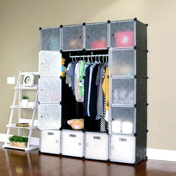 New unicoo multi use diy plastic 20 cube organizer bookcase storage cabinet wardrobe closet black with white door deeper cube