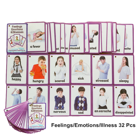 32Pcs/Set Feelings Emotions Illness English Word Card Flash Card Learning Educational Toy For Kids Children Pocket Card Gifts